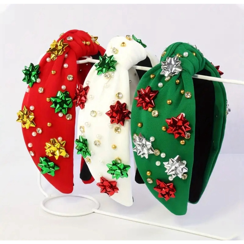 Green Top Knot Headband With Faux Pearls and Christmas Gift Bow Embellishments - Picture 3 of 4